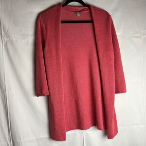 J Jill Coral Pink Linen Rayon Knit Open Front 3/4 Sleeve Cardigan Sweater Size S